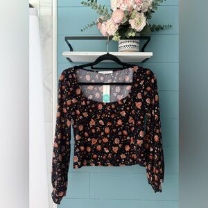 Lush Naomi Square Neck Cropped Top Navy Rust Floral Long Sleeve - Size Large